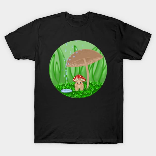 Rainy Day Mushroom Buddy Design T-Shirt by SquishyBeeArt